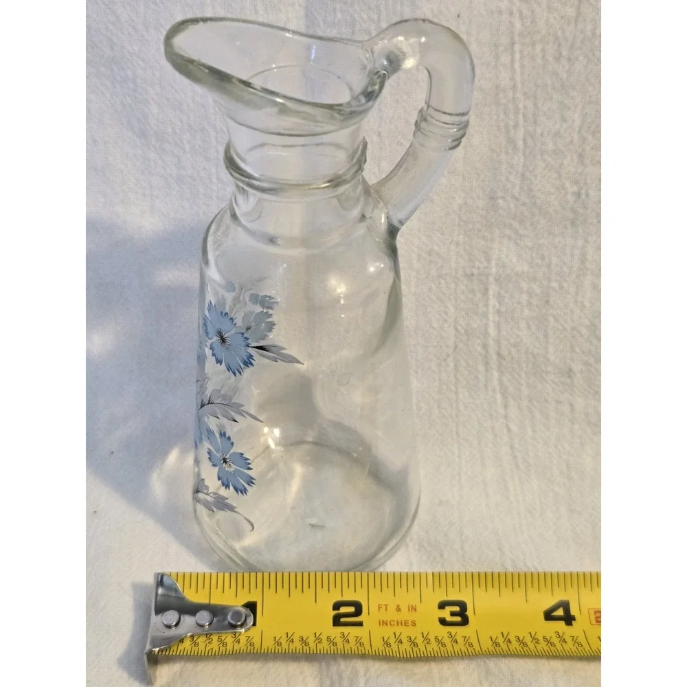 Vintage Farmhouse Glass Blue Floral Vinegar or Oil Cruet Syrup Pitcher‎ Small